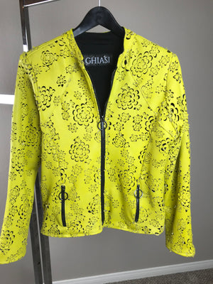 Yellow Floral Laser Cut Italian Lambskin Jacket