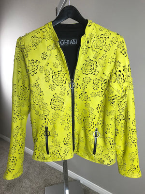 Yellow Floral Laser Cut Italian Lambskin Jacket