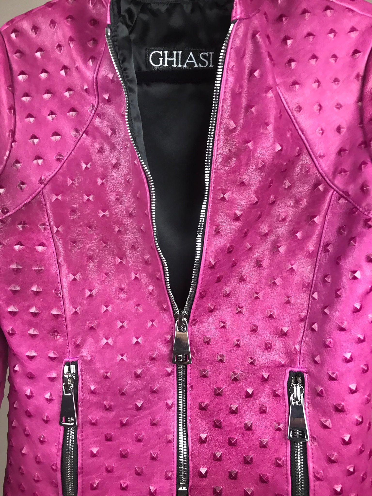 Italian Lambskin Studded Leather Jacket- Fuschia