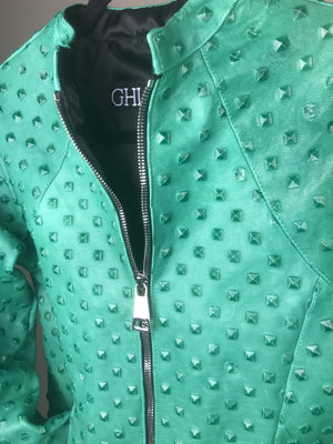 Italian Lambskin Studded Leather Jacket- Turquoise