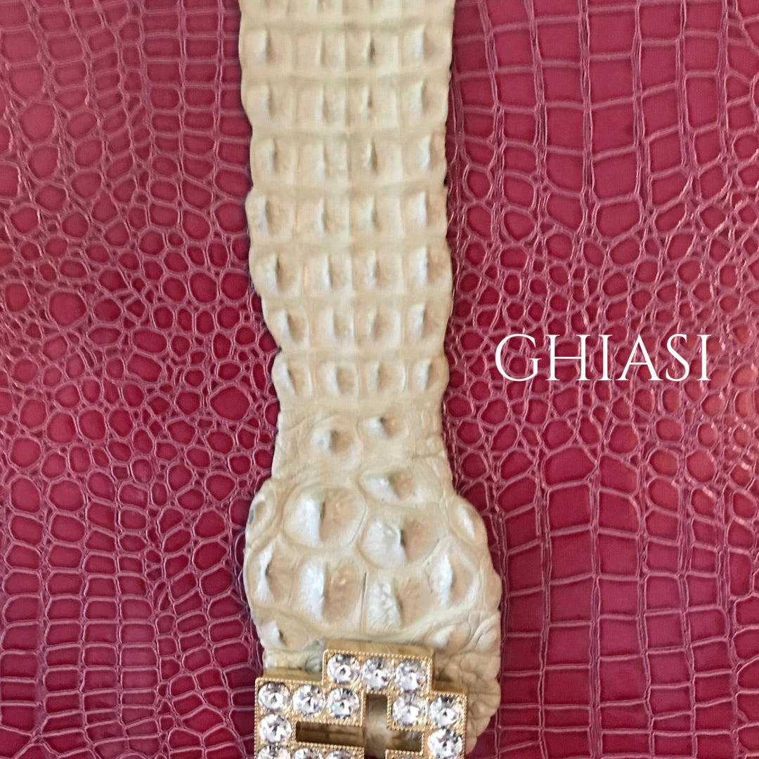 Genuine Crocodile Belt- Creme / Swarovski Crystals Buckle