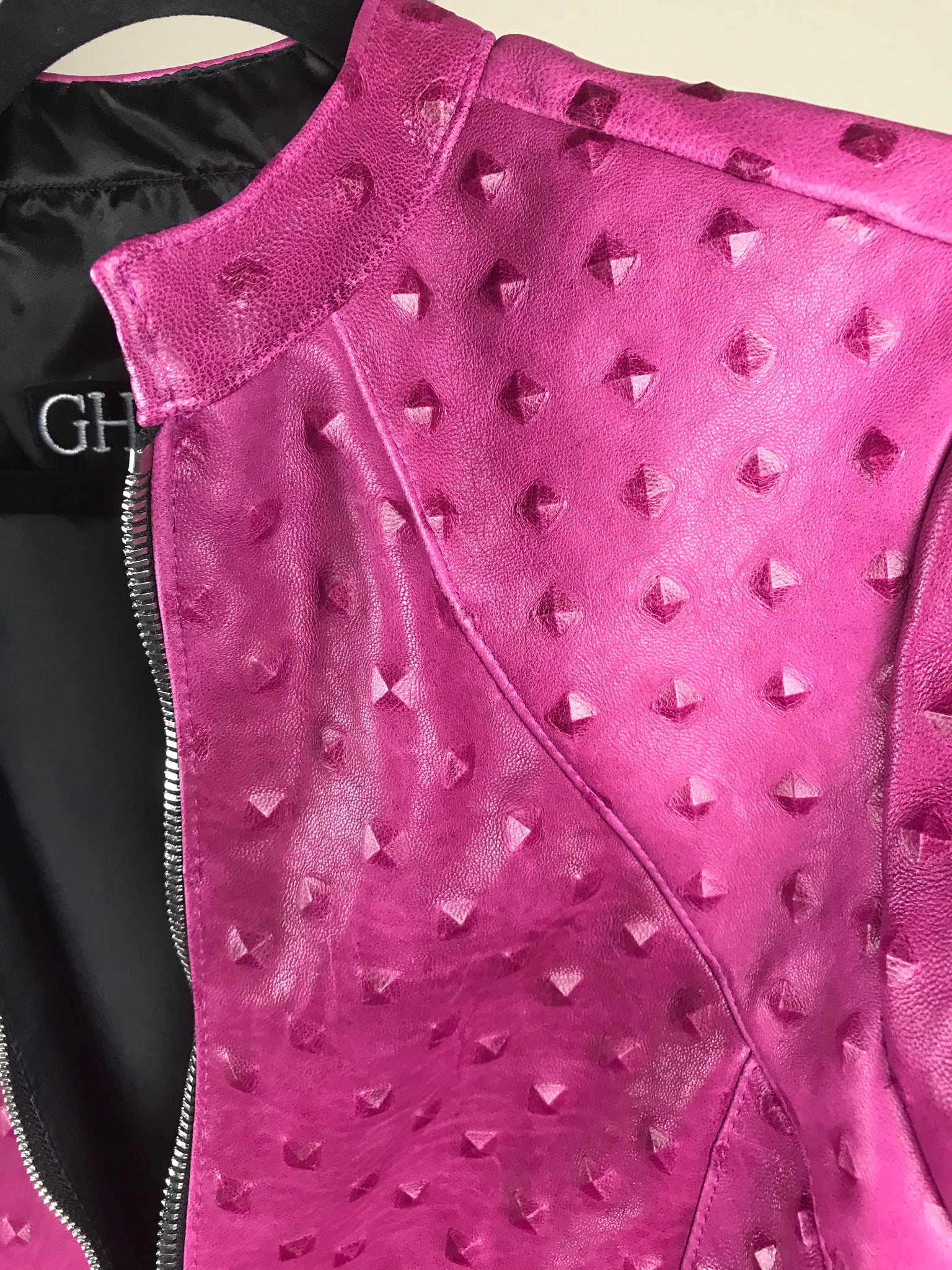 Italian Lambskin Studded Leather Jacket- Fuschia