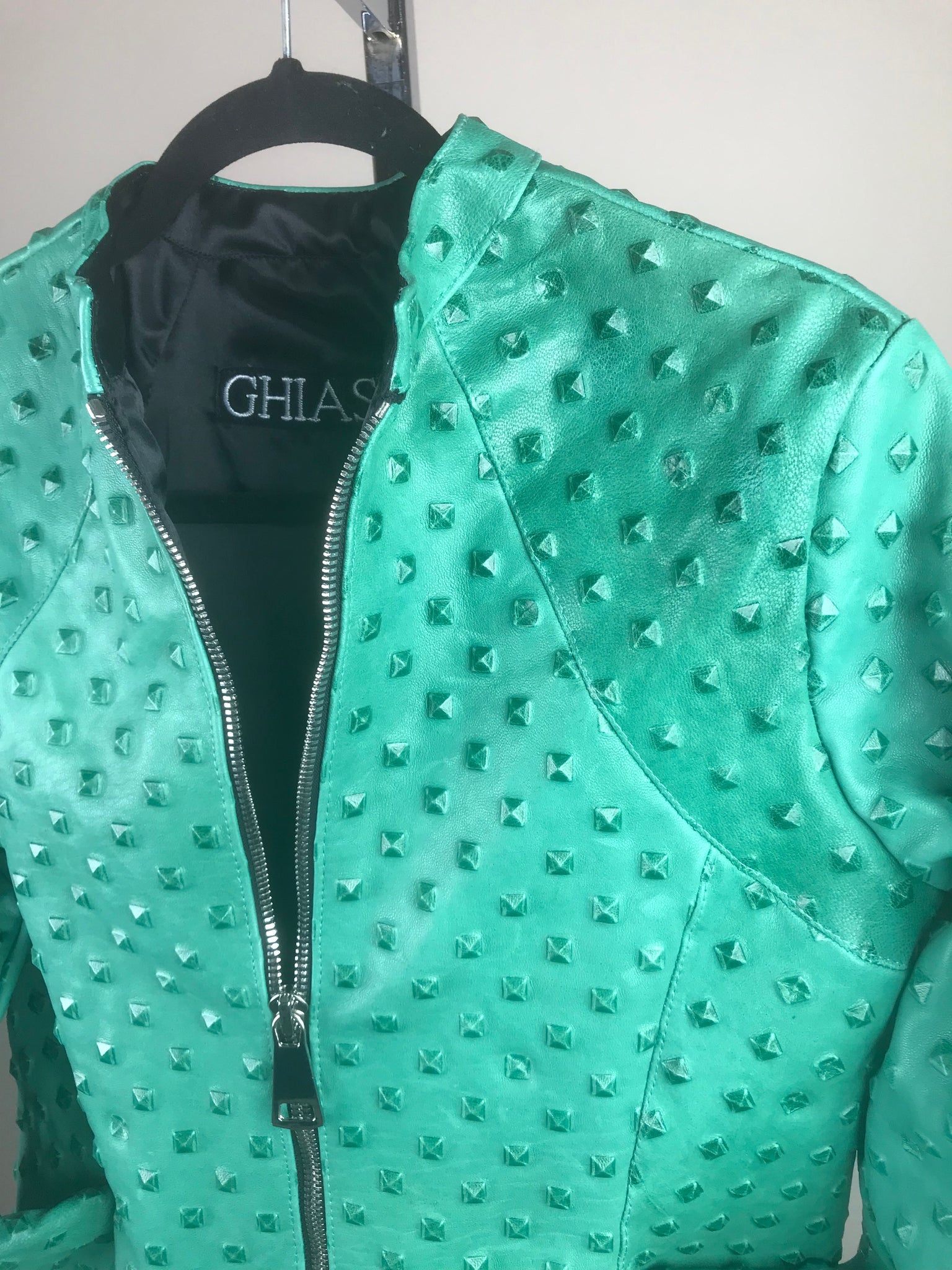 Italian Lambskin Studded Leather Jacket- Turquoise