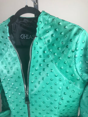 Italian Lambskin Studded Leather Jacket- Turquoise