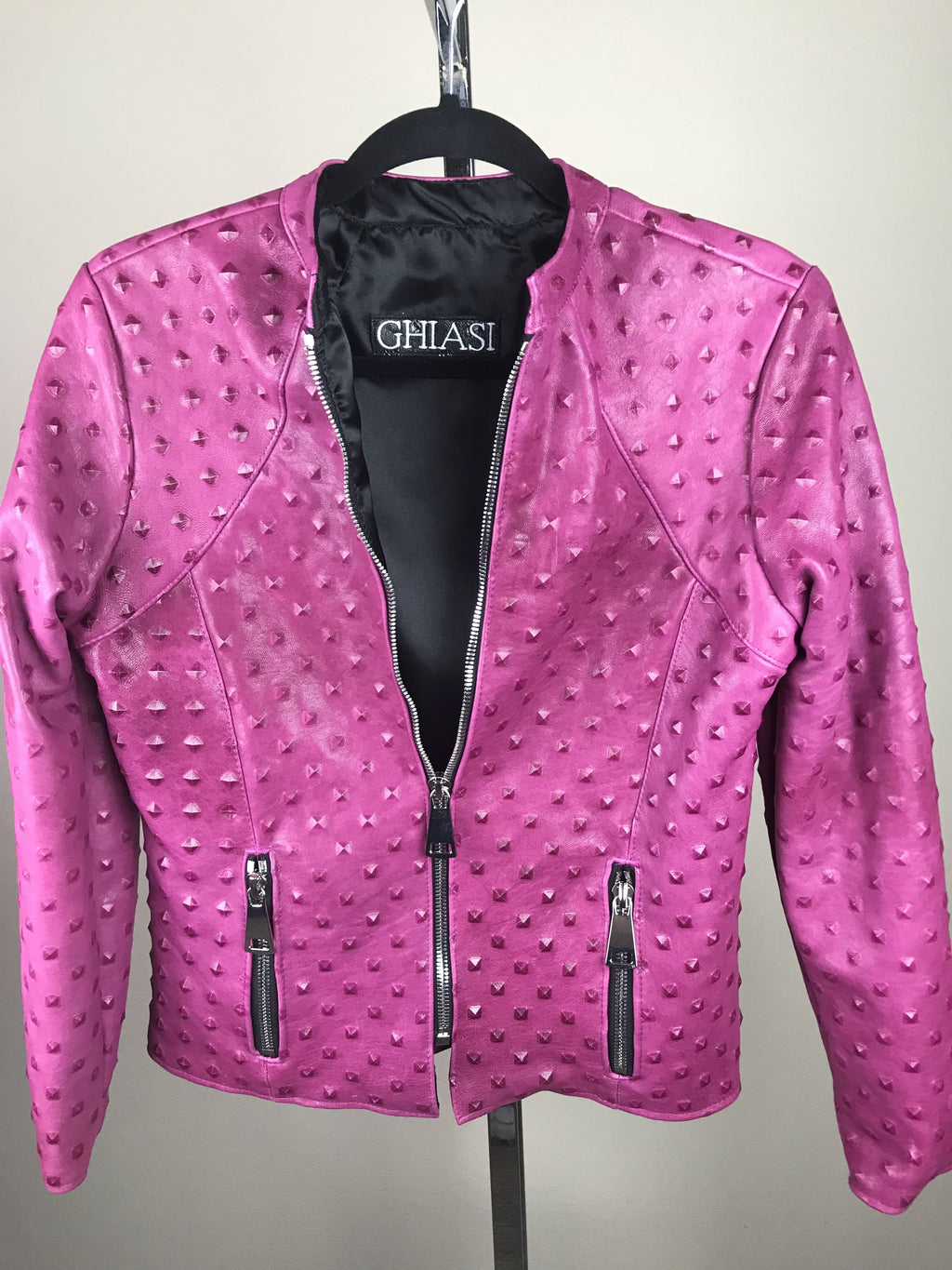 Italian Lambskin Studded Leather Jacket- Fuschia