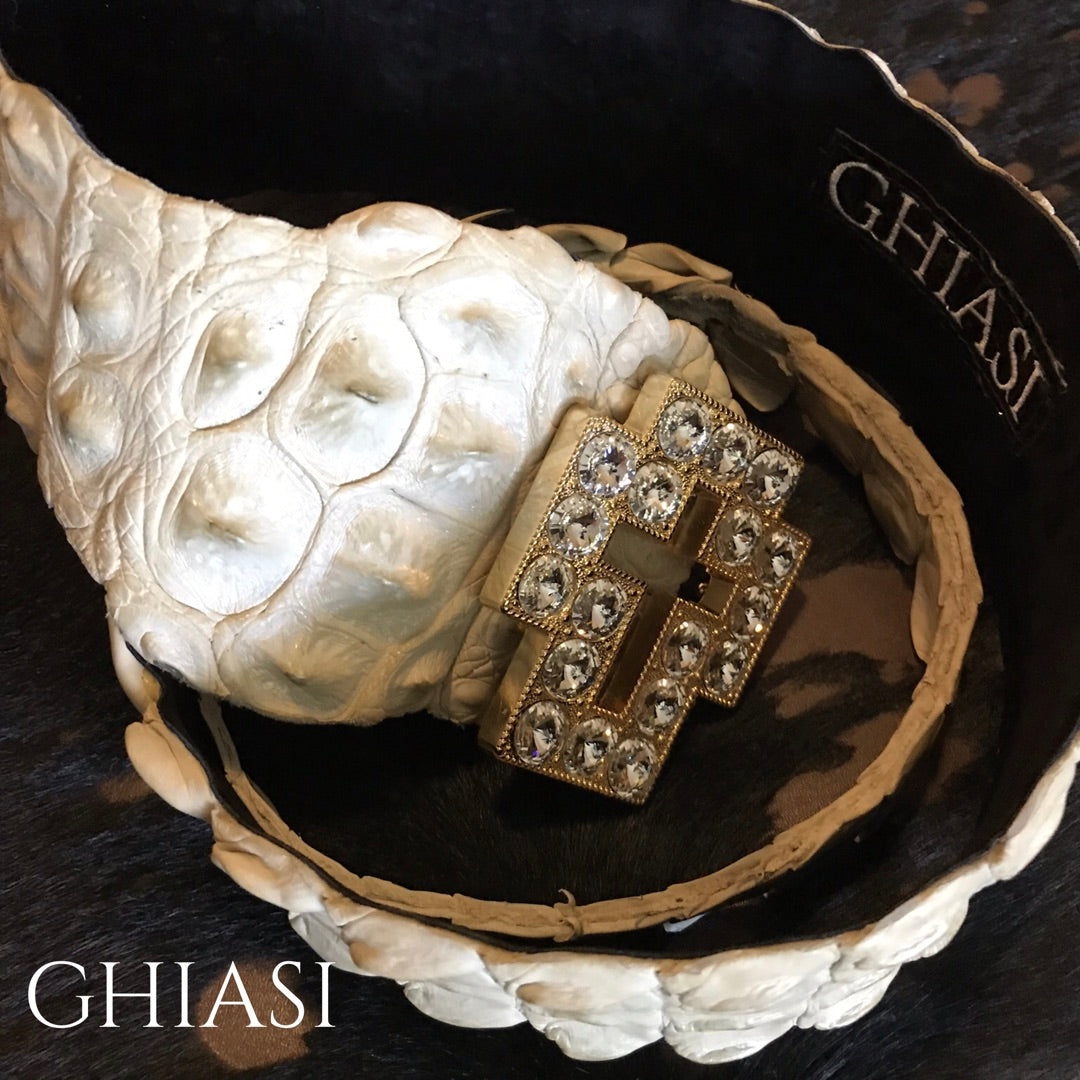 Genuine Crocodile Belt- Creme / Swarovski Crystals Buckle