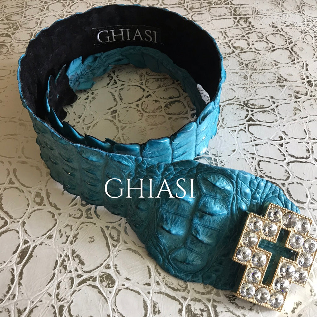 Genuine Crocodile Belt- Turquoise / Swarovski Crystals Buckle