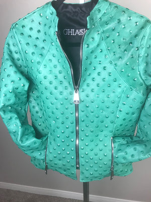 Italian Lambskin Studded Leather Jacket- Turquoise