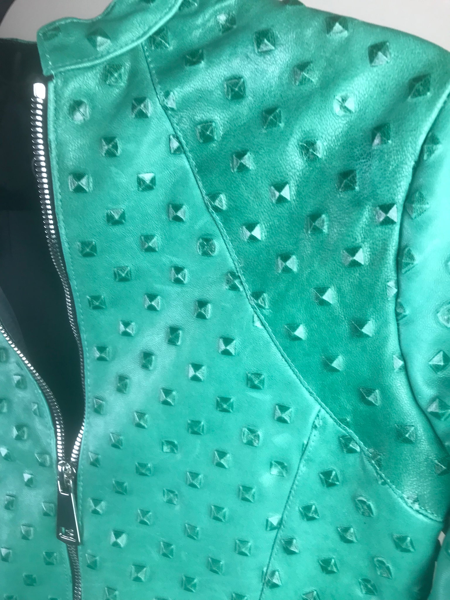 Italian Lambskin Studded Leather Jacket- Turquoise