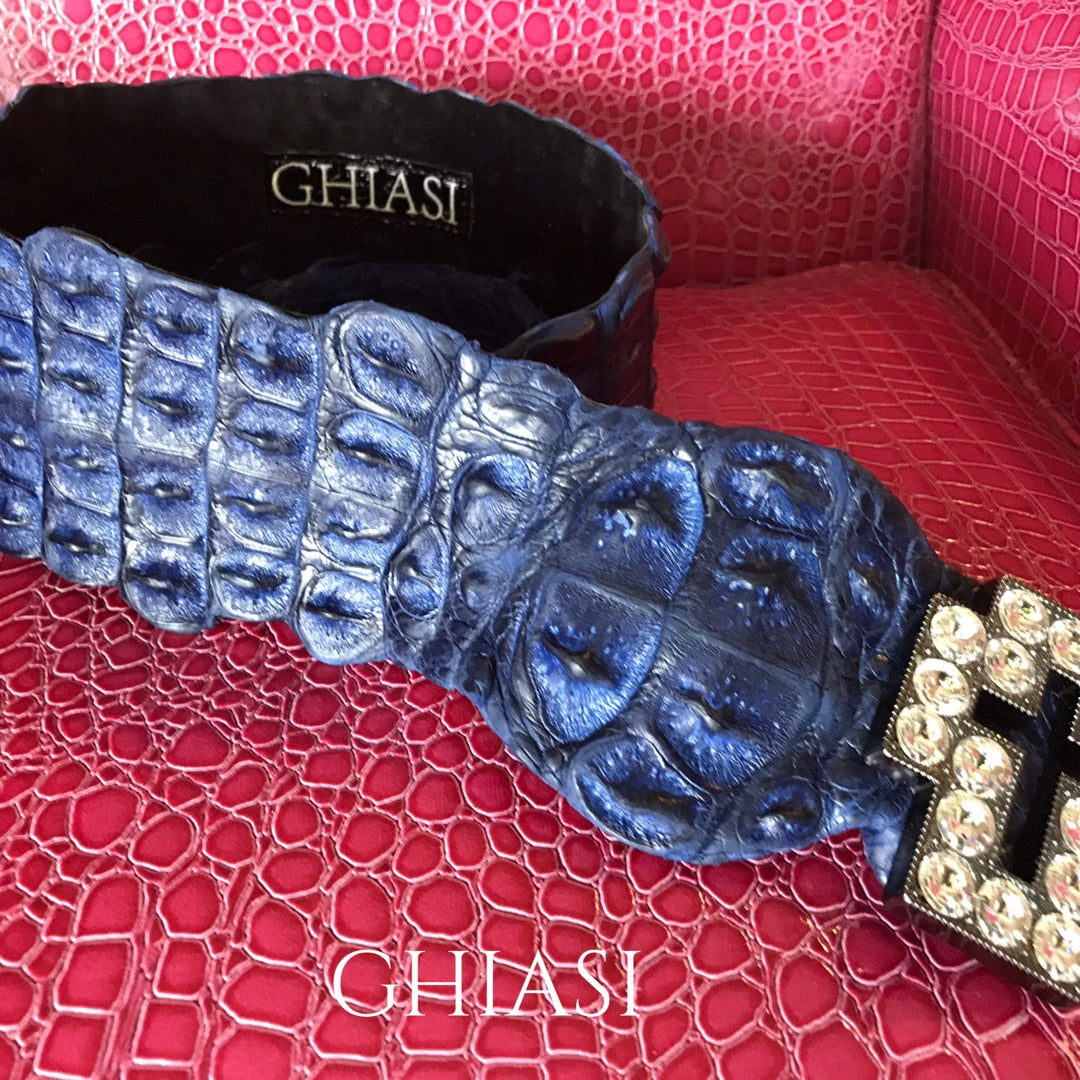 Genuine Crocodile Belt- Blue / Swarovski Crystals Buckle