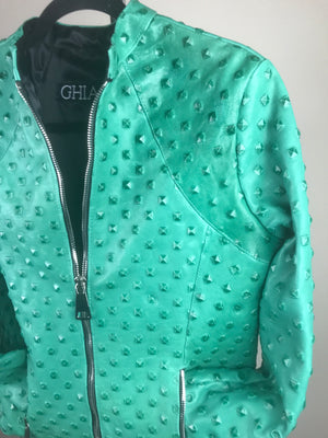 Italian Lambskin Studded Leather Jacket- Turquoise