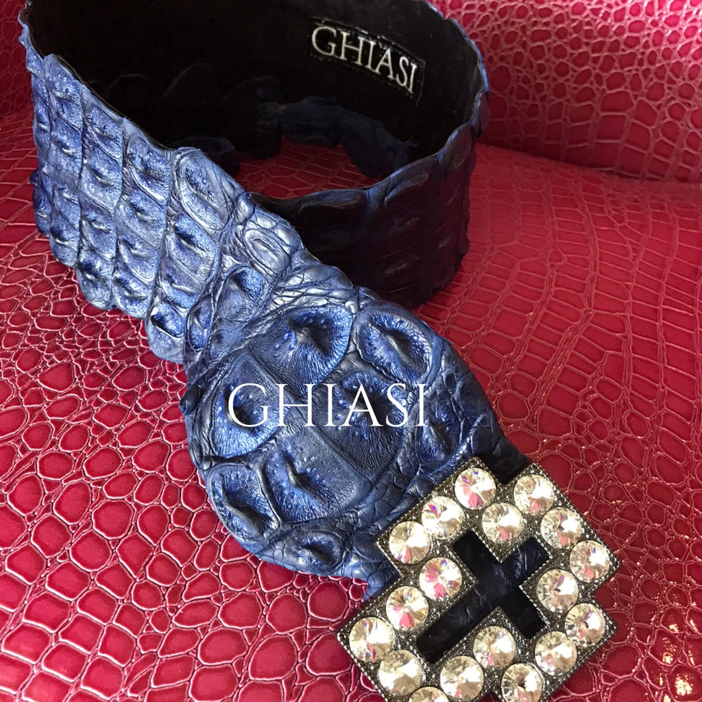 Genuine Crocodile Belt- Blue / Swarovski Crystals Buckle