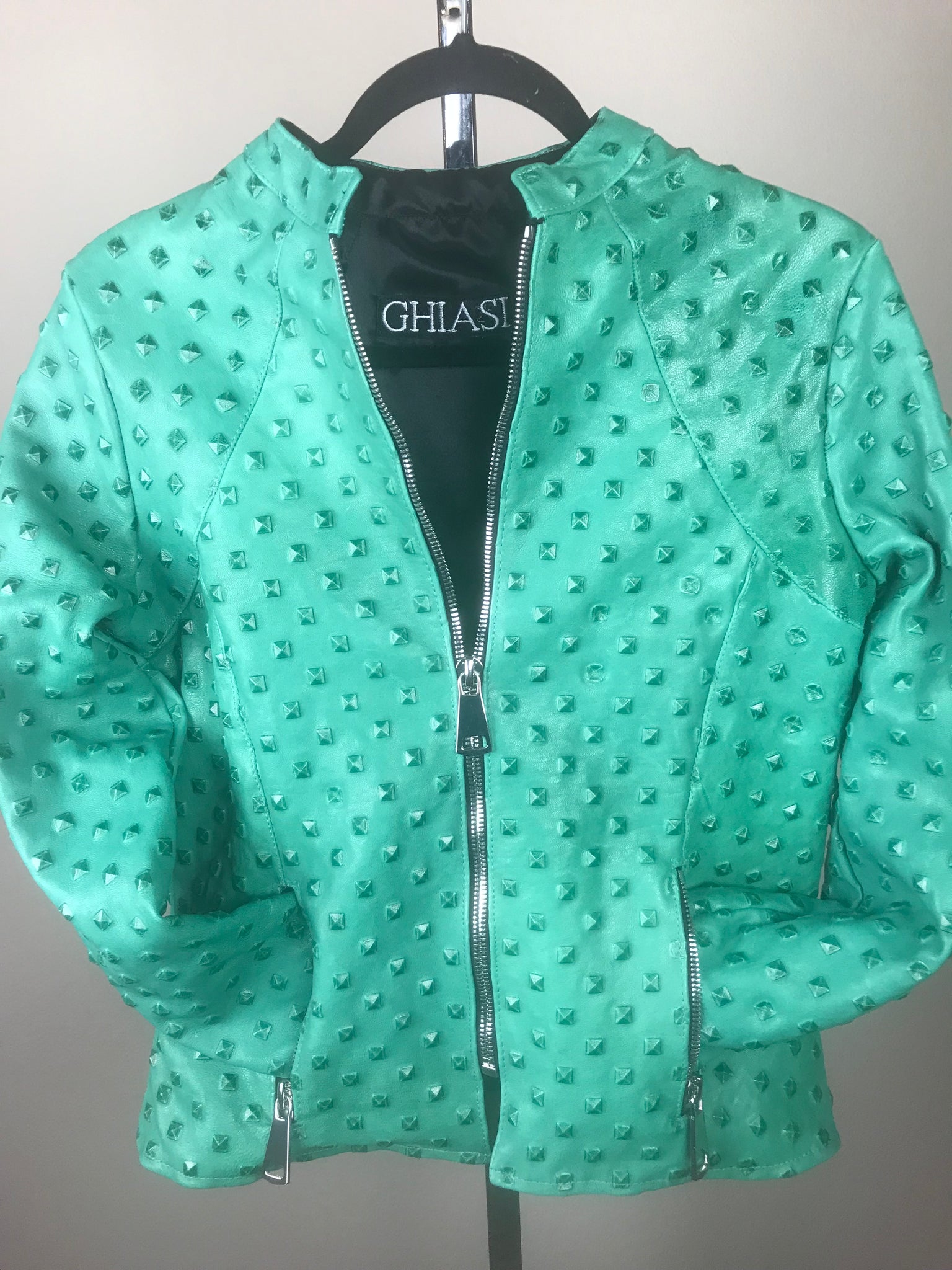 Green Bomber Men's Studded Leather Jacket - Mready
