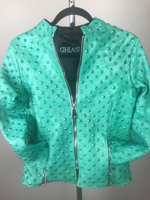 Italian Lambskin Studded Leather Jacket- Turquoise