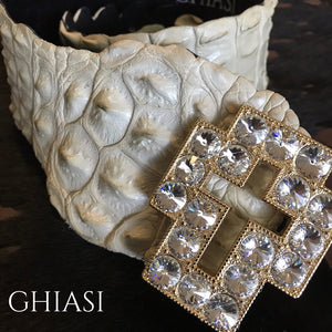 Genuine Crocodile Belt- Creme / Swarovski Crystals Buckle