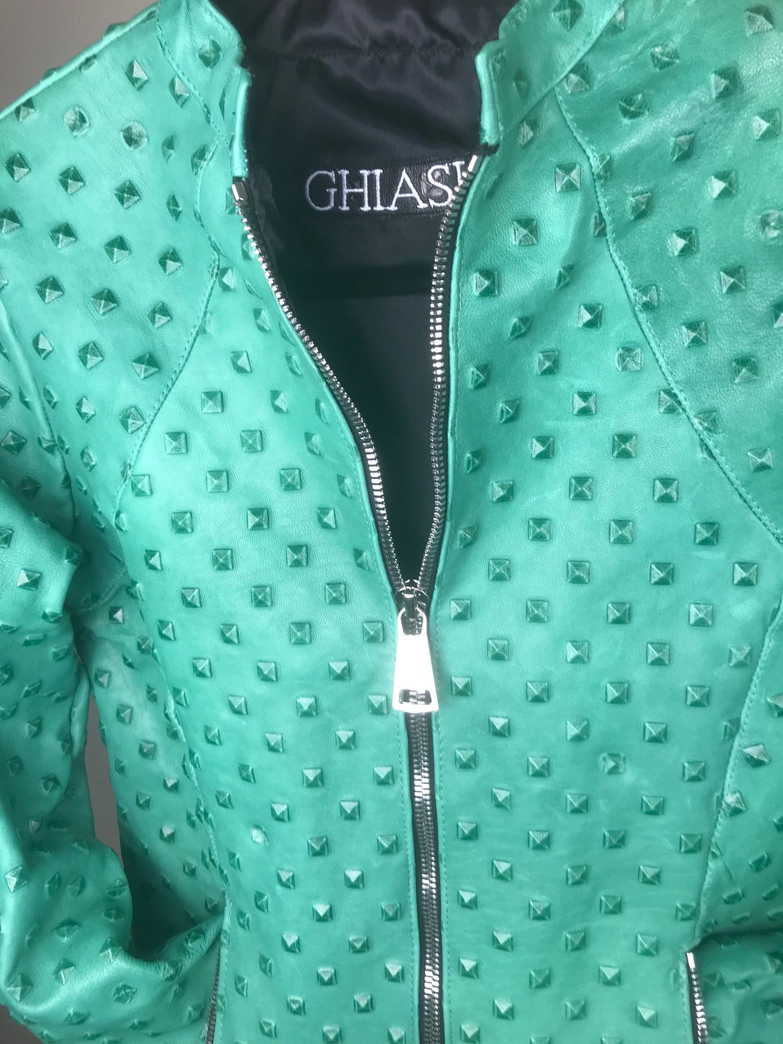 Italian Lambskin Studded Leather Jacket- Turquoise