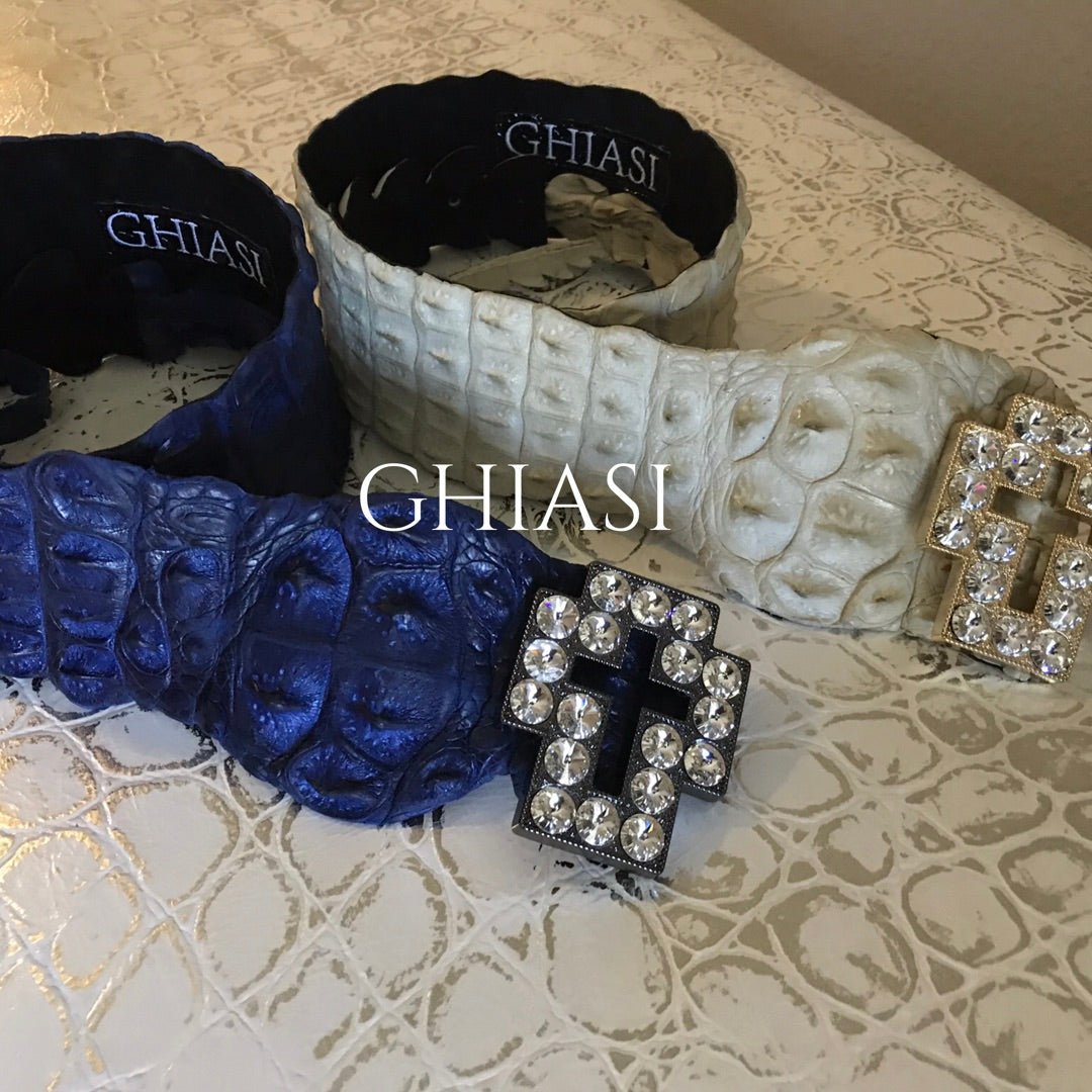 Genuine Crocodile Belt- Blue / Swarovski Crystals Buckle