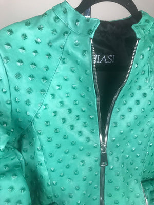 Italian Lambskin Studded Leather Jacket- Turquoise