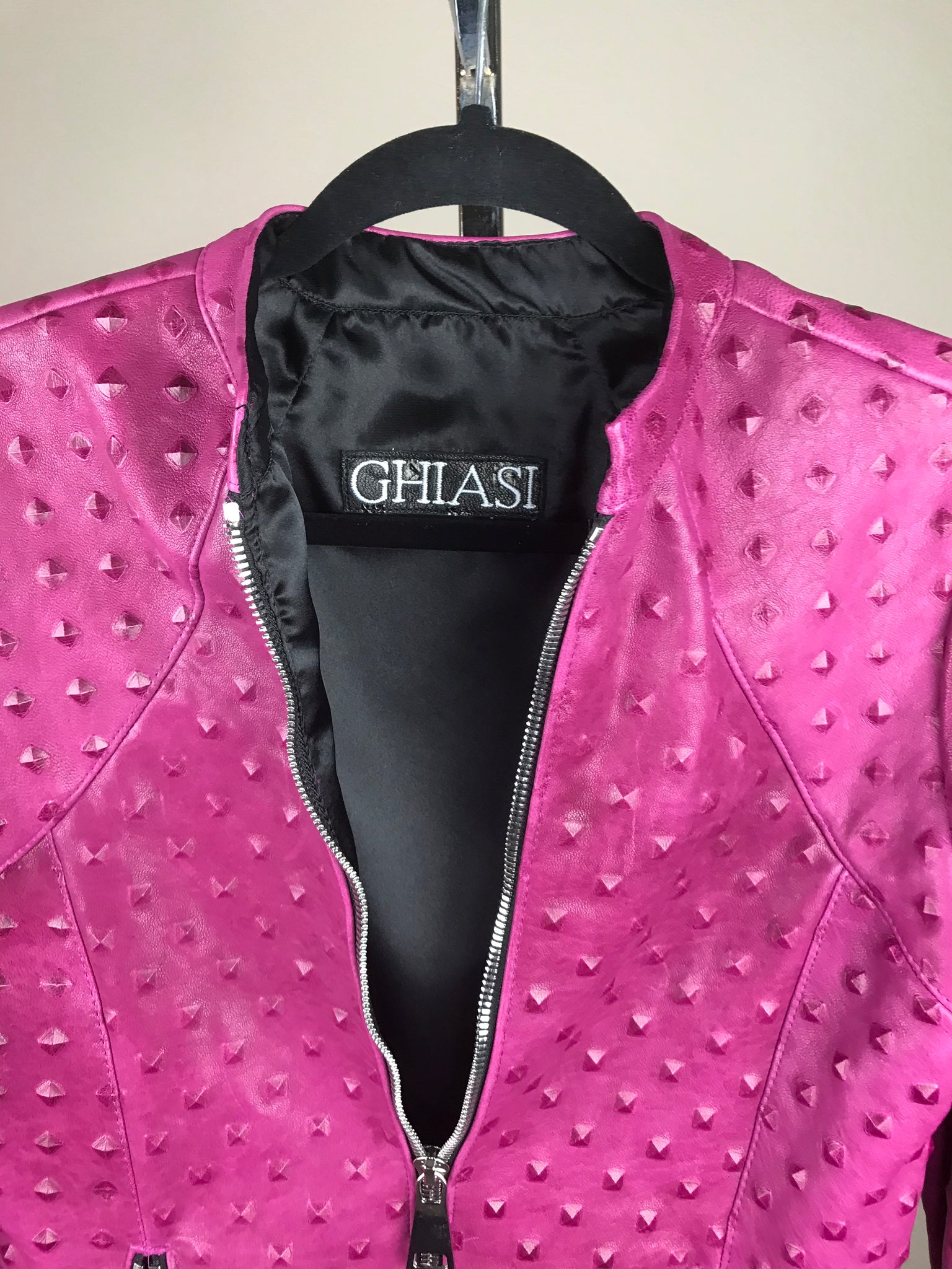 Italian Lambskin Studded Leather Jacket- Fuschia