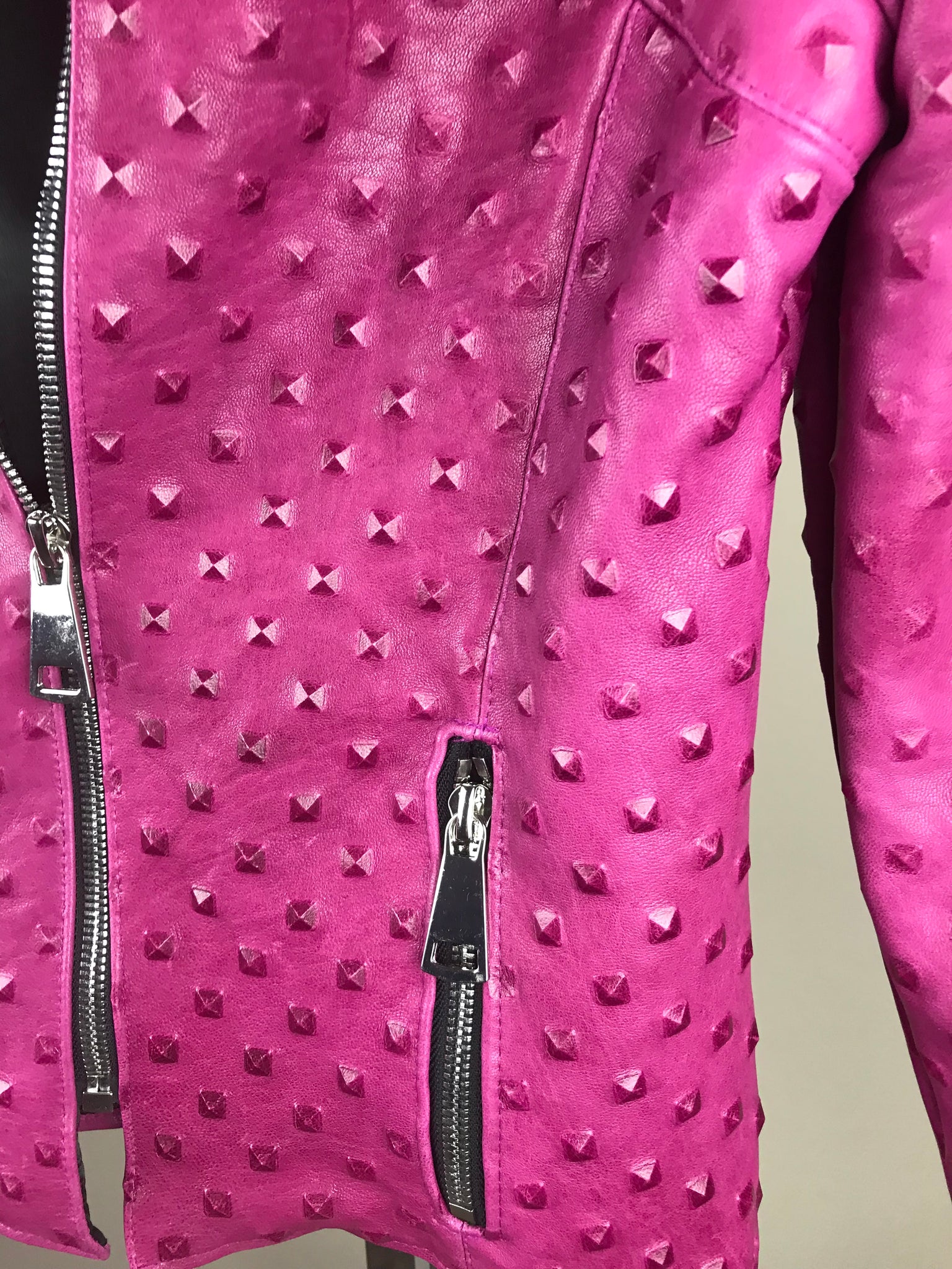 Italian Lambskin Studded Leather Jacket- Fuschia