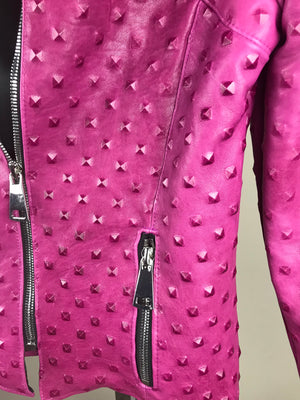 Italian Lambskin Studded Leather Jacket- Fuschia