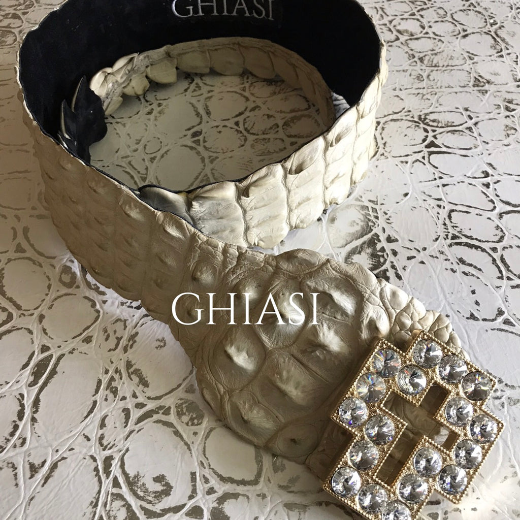 Genuine Crocodile Belt- Creme / Swarovski Crystals Buckle