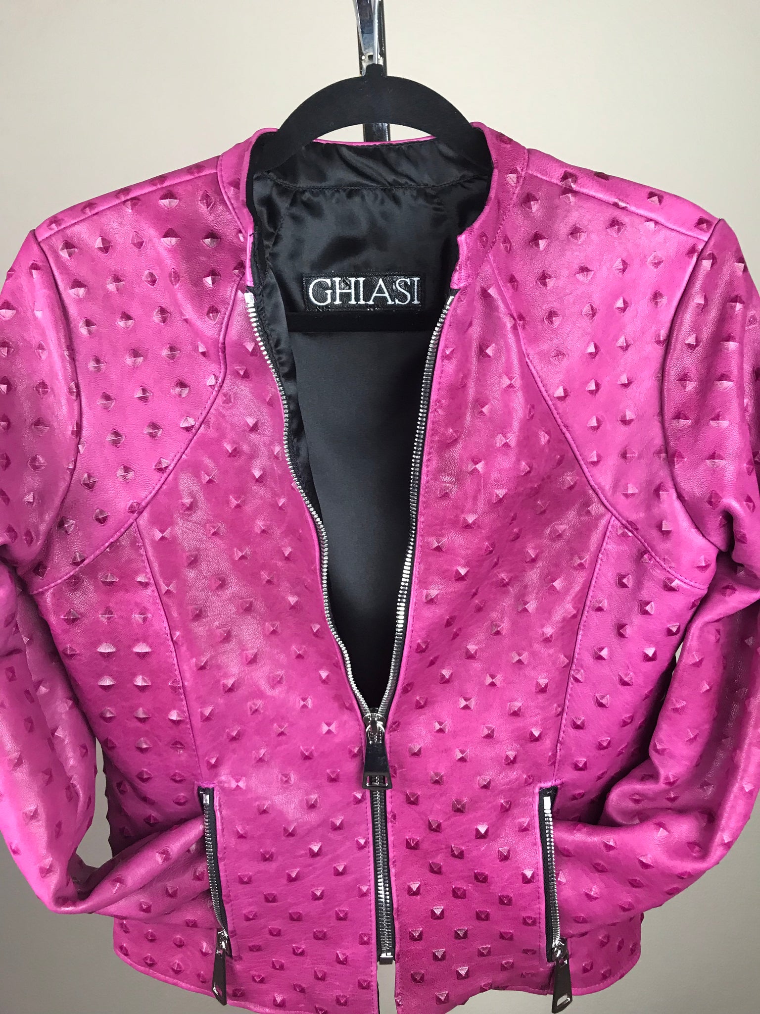 Italian Lambskin Studded Leather Jacket- Fuschia